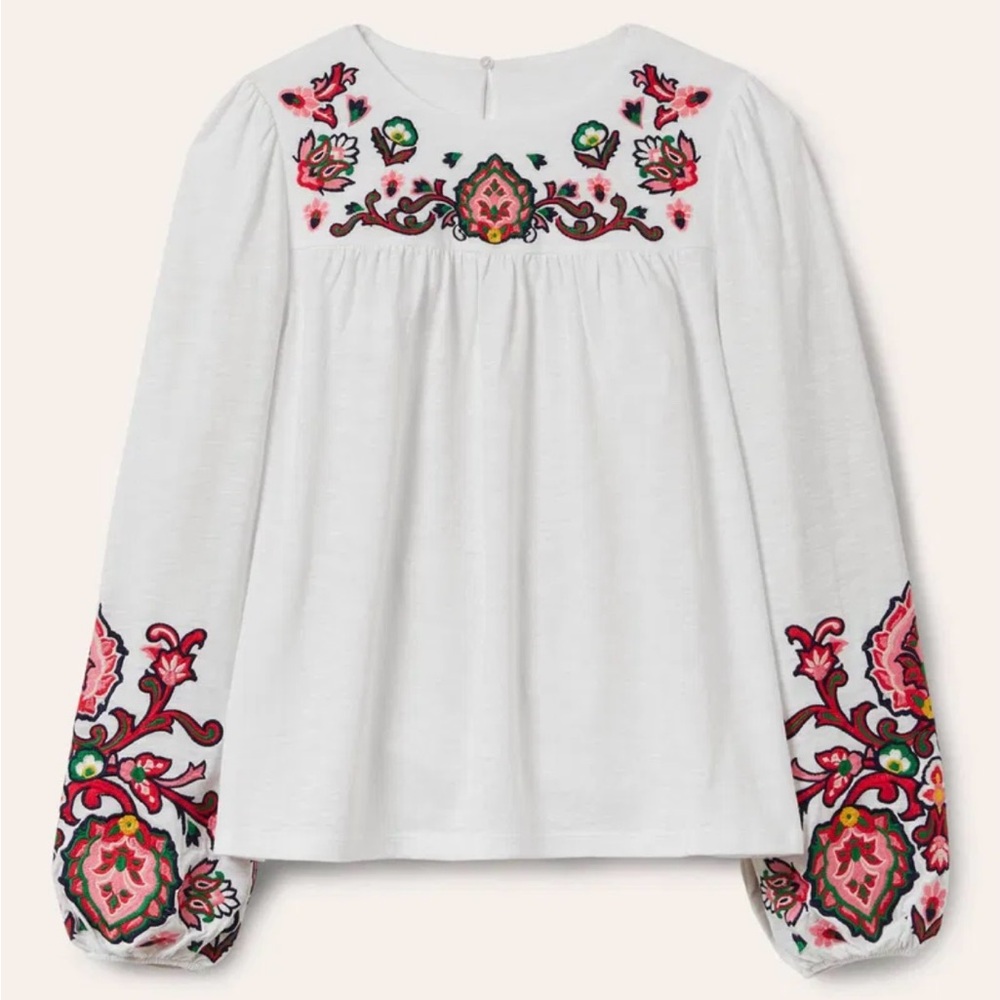 Boden White Blouse with Red and Green Embroidery